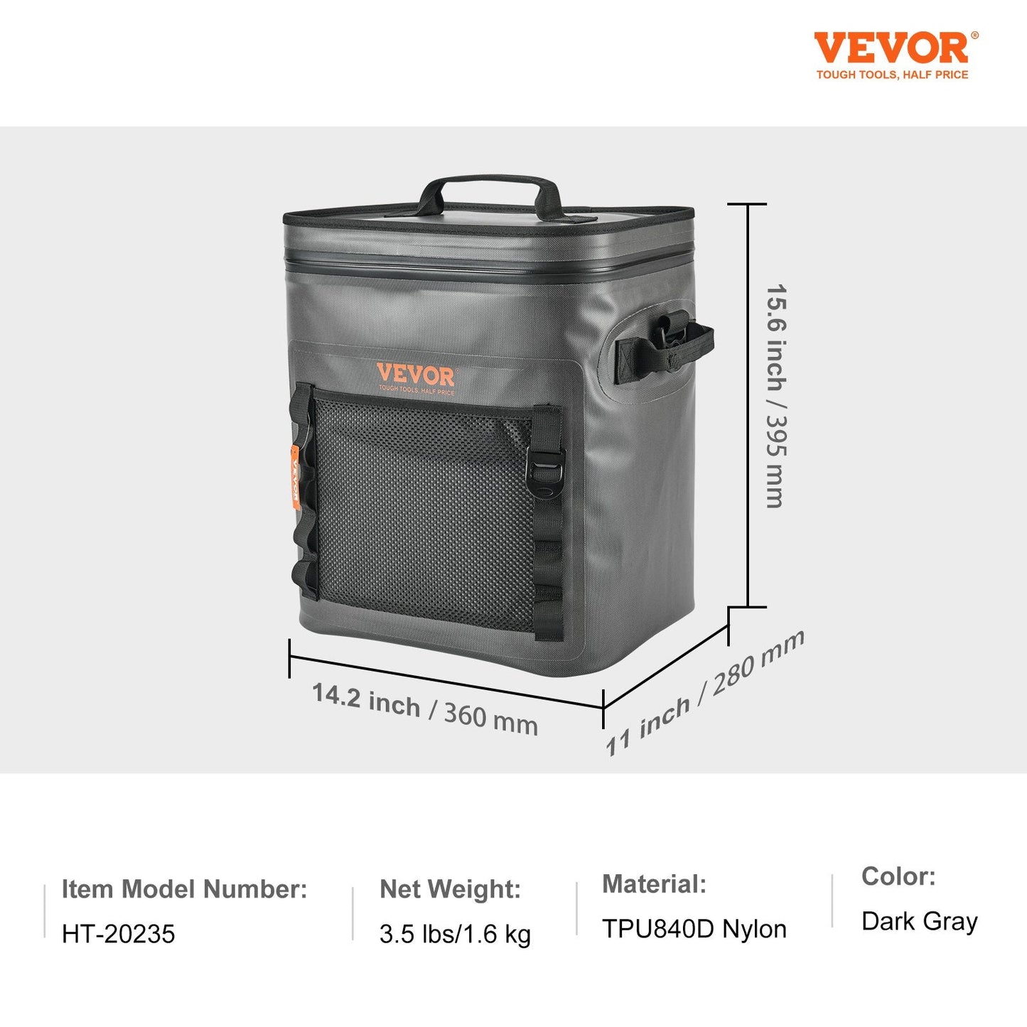 Waterproof 30-Can Soft Cooler Bag with Zipper for Outdoor Activities, Dark Gray