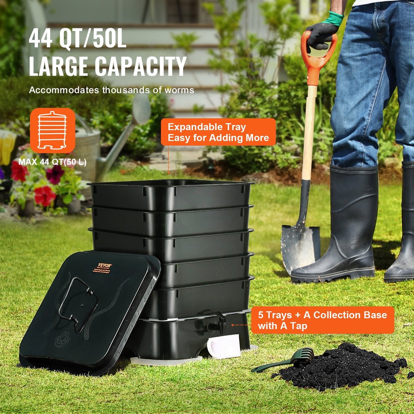 5-Tray Worm Compost Bin, 0.4m³ Capacity for Indoor/Outdoor Vermicomposting