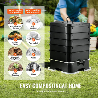 5-Tray Worm Compost Bin, 0.4m³ Capacity for Indoor/Outdoor Vermicomposting