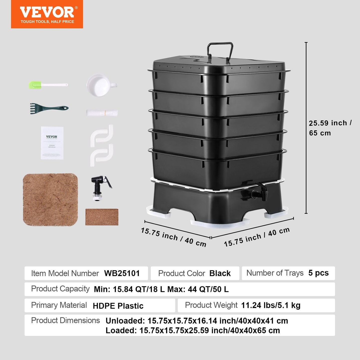 5-Tray Worm Compost Bin, 0.4m³ Capacity for Indoor/Outdoor Vermicomposting