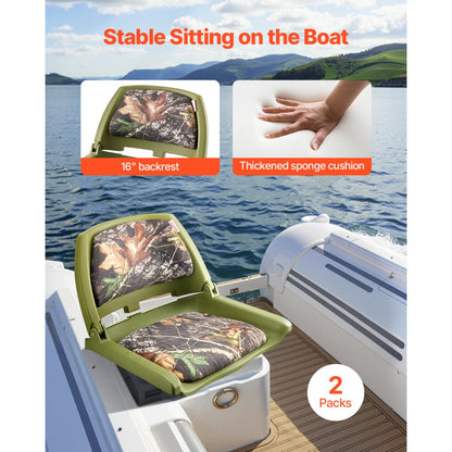 VEVOR Boat Seat Low Backrest Flip Up Boat Seat Sponge Cushion Camouflage