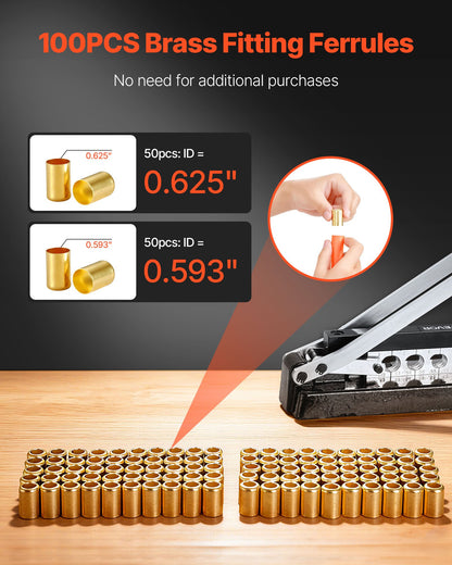 Heavy Duty Ferrule Hose Crimper, Air Hose Crimping Tool with 100pcs Brass Ferrules (15.06mm & 15.88mm ID), 11.18-16 mm Crimping Range for PVC & Rubber Hoses, Torch Hoses Repair Kit