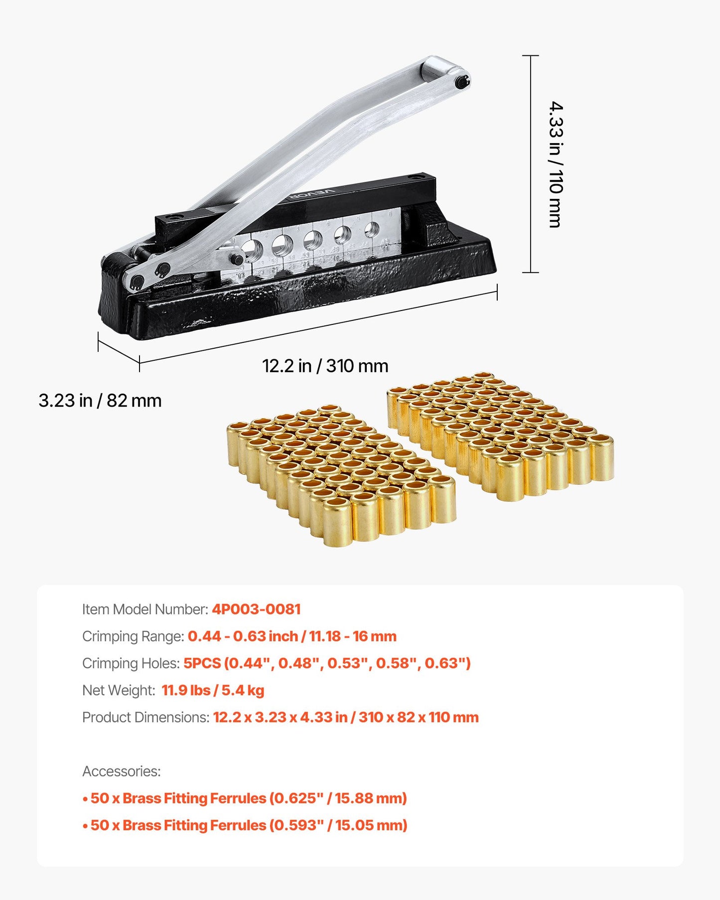 Heavy Duty Ferrule Hose Crimper, Air Hose Crimping Tool with 100pcs Brass Ferrules (15.06mm & 15.88mm ID), 11.18-16 mm Crimping Range for PVC & Rubber Hoses, Torch Hoses Repair Kit