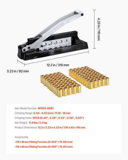Heavy Duty Ferrule Hose Crimper, Air Hose Crimping Tool with 100pcs Brass Ferrules (15.06mm & 15.88mm ID), 11.18-16 mm Crimping Range for PVC & Rubber Hoses, Torch Hoses Repair Kit