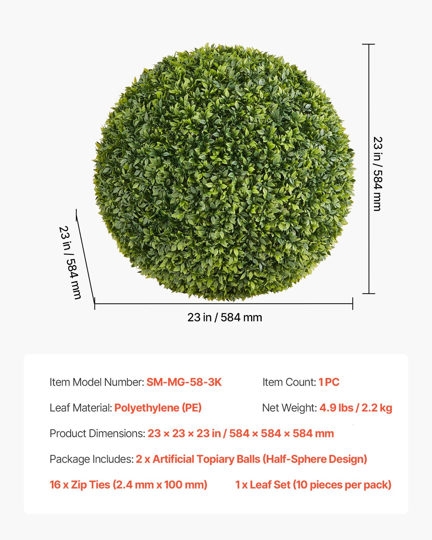 Artificial Topiary Ball, 584mm Faux Boxwood Plant Balls, Fake Silk Tree Look Real, Easy Assembly for Decor Front Porch Outdoor Patio Garden Balcony Backyard and Indoor Home Wedding, Green