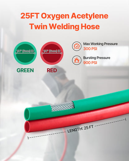 Oxygen Acetylene Hose 1/4-Inch x 25FT R Grade Hose 300PSI Max Working Pressure