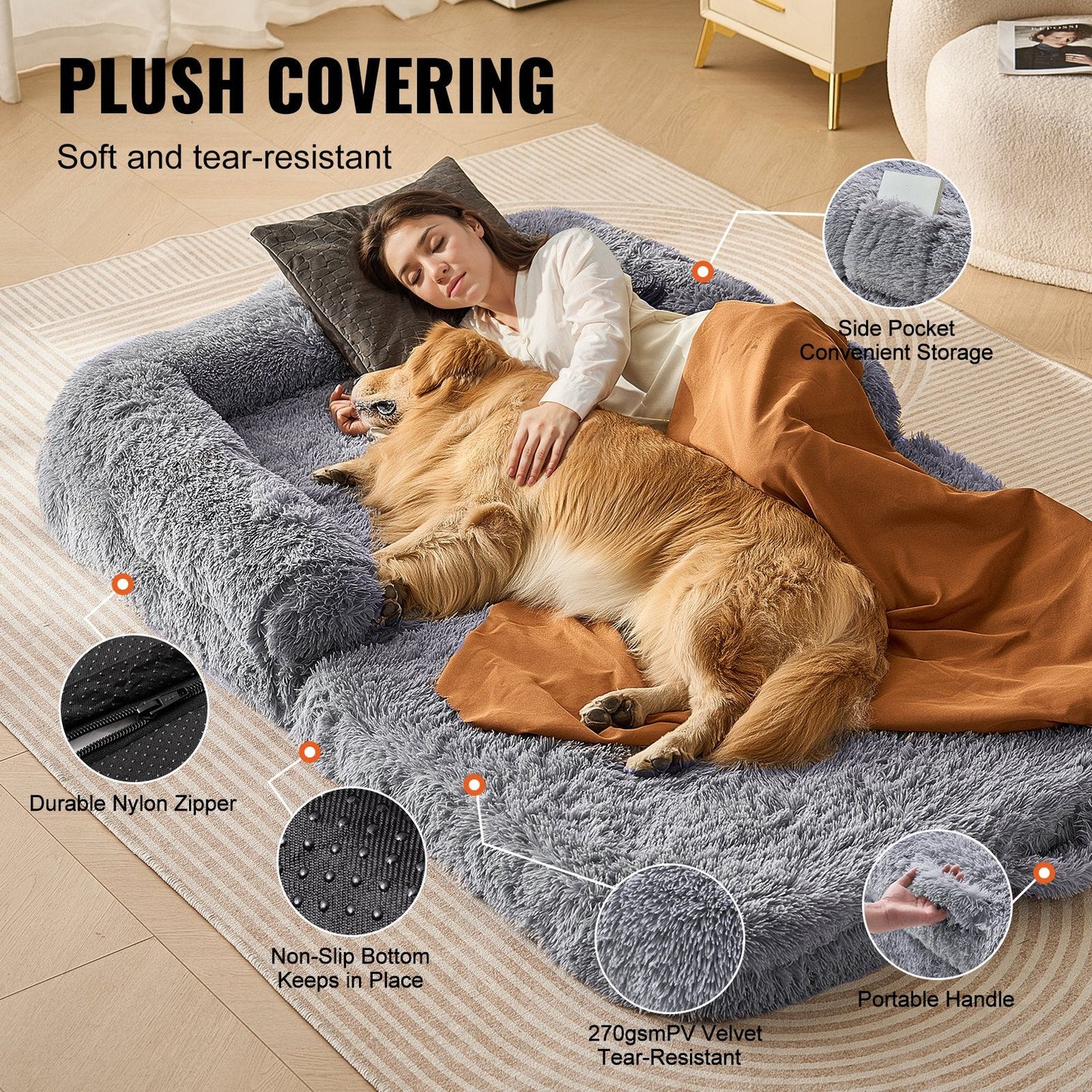 Large Human-Sized Dog Bed with Washable Velvet Cover, 1.82x1.22x0.25m, Gray