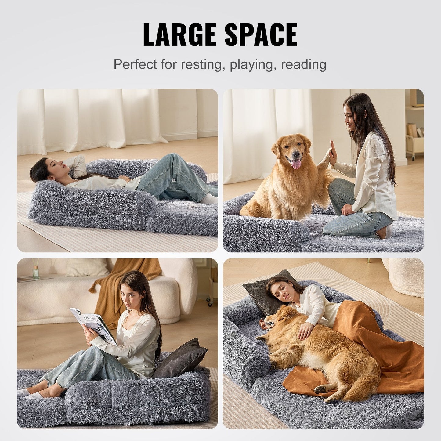 Large Human-Sized Dog Bed with Washable Velvet Cover, 1.82x1.22x0.25m, Gray