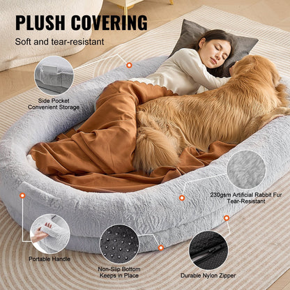 Oversized Washable Human Dog Bed with Faux Rabbit Fur - 1.8 x 1.2 x 0.25 Meters