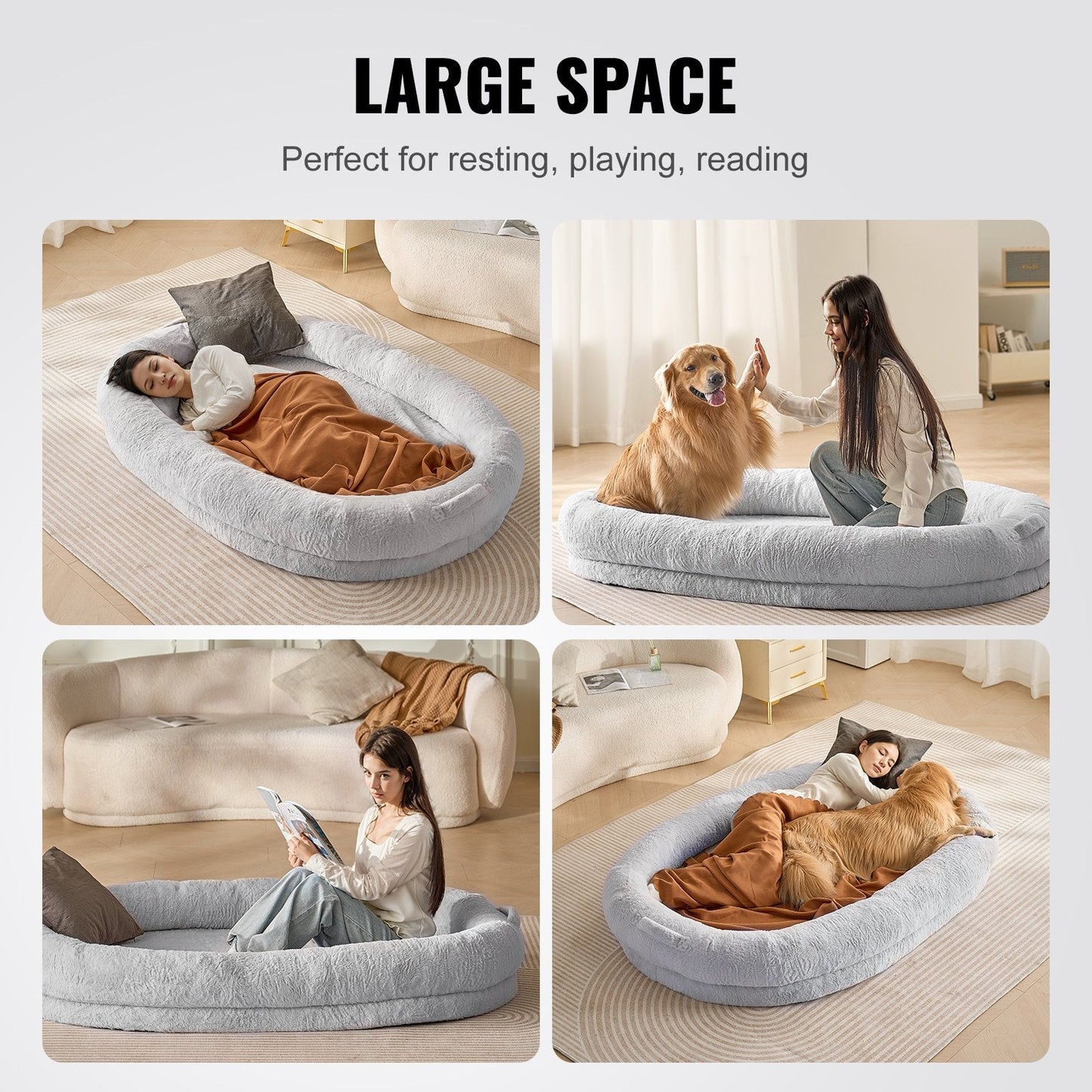 Oversized Washable Human Dog Bed with Faux Rabbit Fur - 1.8 x 1.2 x 0.25 Meters