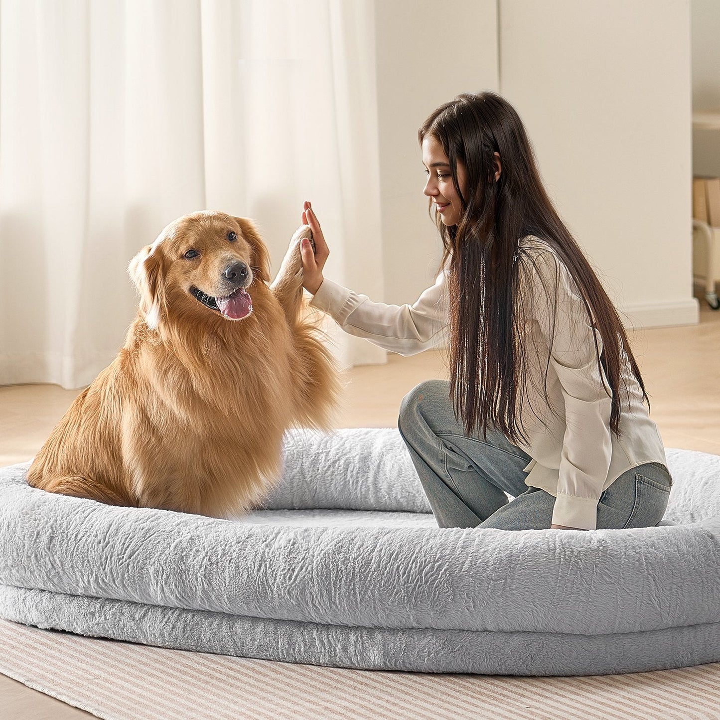 Oversized Washable Human Dog Bed with Faux Rabbit Fur - 1.8 x 1.2 x 0.25 Meters