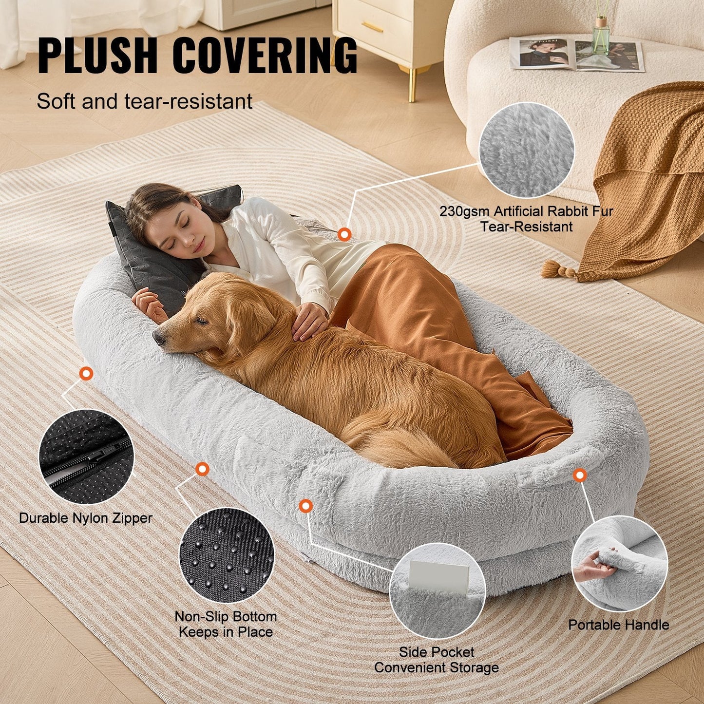Oversized Human Dog Bed with Washable Faux Fur - 1.72x0.89x0.25m, Gray Oval Design