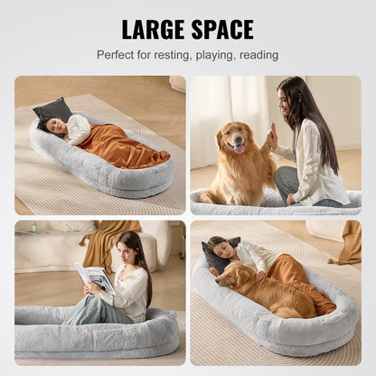 Oversized Human Dog Bed with Washable Faux Fur - 1.72x0.89x0.25m, Gray Oval Design
