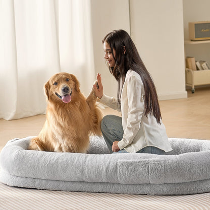 Oversized Human Dog Bed with Washable Faux Fur - 1.72x0.89x0.25m, Gray Oval Design