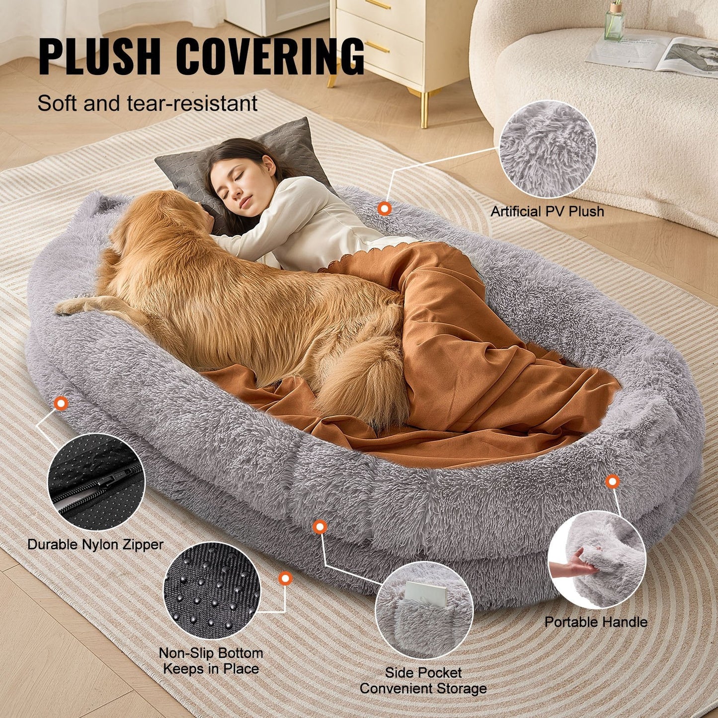 Large Washable Human-Size Bean Bed, PV Velvet, Gray, Oval Shape