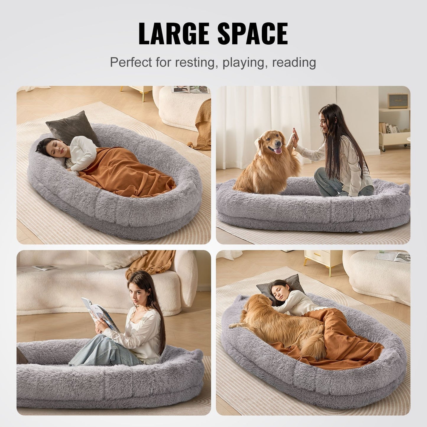 Large Washable Human-Size Bean Bed, PV Velvet, Gray, Oval Shape