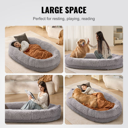 Large Washable Human-Size Bean Bed, PV Velvet, Gray, Oval Shape