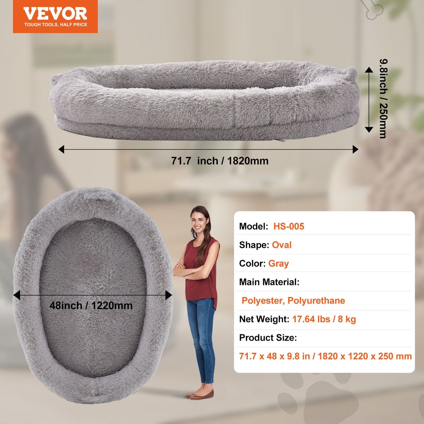 Large Washable Human-Size Bean Bed, PV Velvet, Gray, Oval Shape