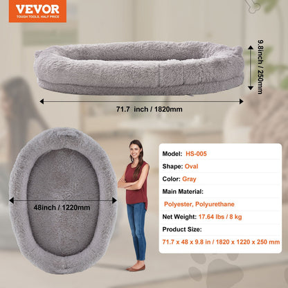 Large Washable Human-Size Bean Bed, PV Velvet, Gray, Oval Shape