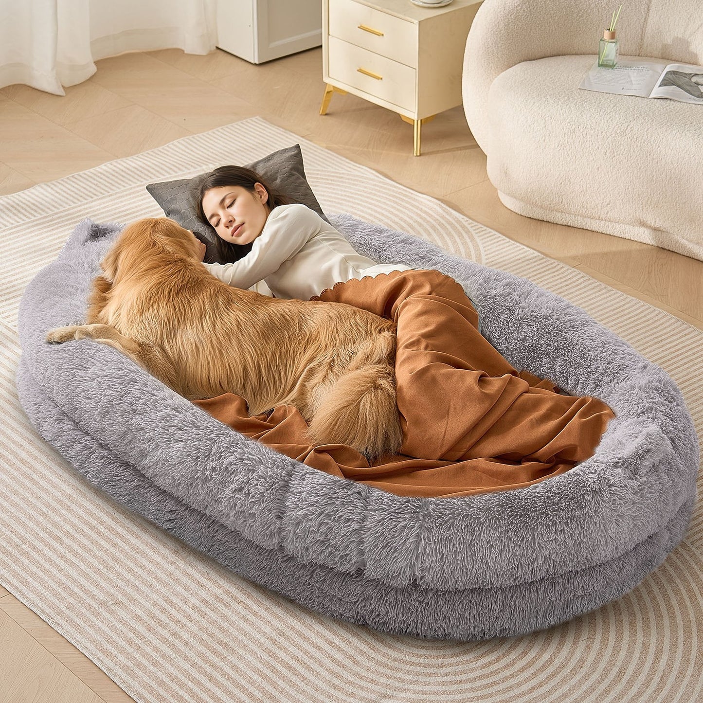 Large Washable Human-Size Bean Bed, PV Velvet, Gray, Oval Shape