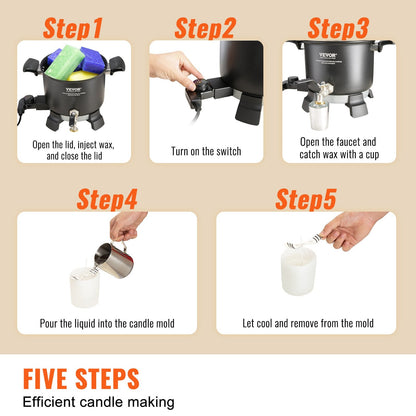 Electric Wax Melter, 5L Capacity, 4-Level Temp Control, Easy Pour & Clean