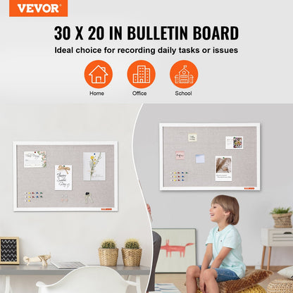 Wall-Mounted 0.76m x 0.51m White Linen Bulletin Board with MDF Border