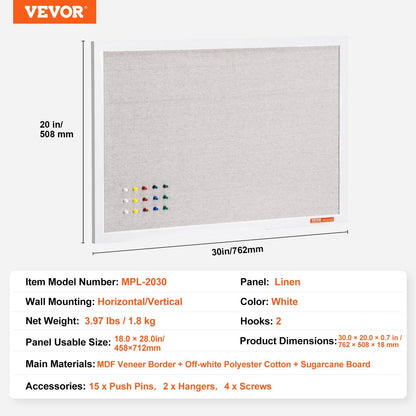 Wall-Mounted 0.76m x 0.51m White Linen Bulletin Board with MDF Border