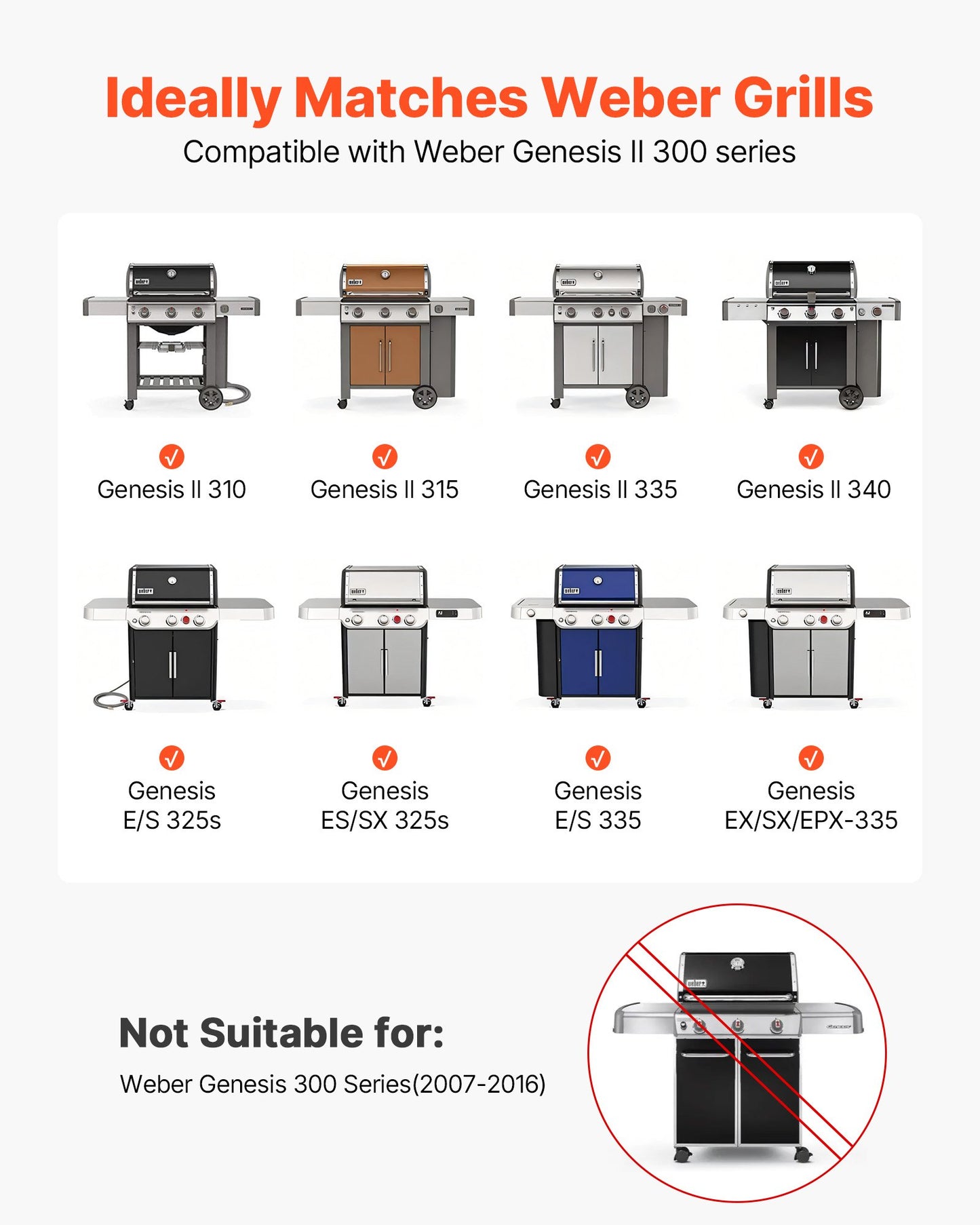 Flavorizer Bars and Heat Deflectors, 44cm Grill Replacement Part, for Weber Genesis ll 310 315 335 340, E/S 325s, ES/SX 325s, E/S 335, EX/SX/EPX-335 Grills, Porcelain-enameled Steel, 8 Pack