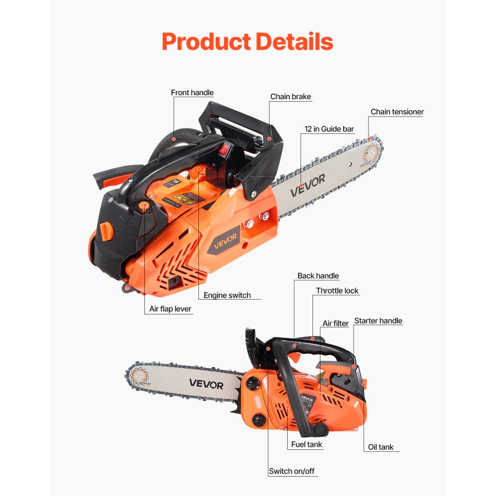 25cc Gas Chainsaw 0.75 kW Gas Powered 305 mm Chainsaw For Wood Cutting