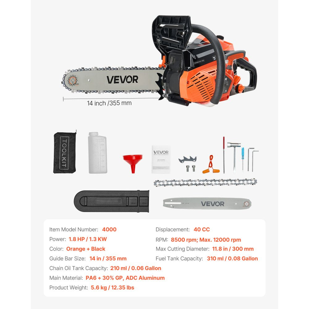 VEVOR 40cc Gas Chainsaw 1.3 kW Gas Powered 355 mm Chainsaw For Wood Cutting