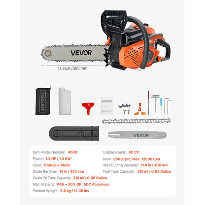 VEVOR 40cc Gas Chainsaw 1.3 kW Gas Powered 355 mm Chainsaw For Wood Cutting