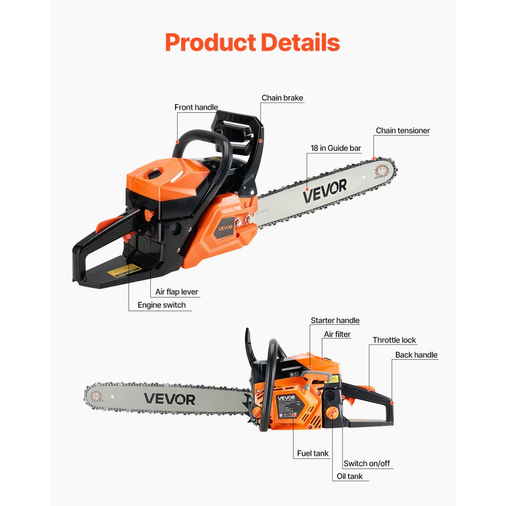 52cc Gas Chainsaw 1.8 kW Gas Powered 455 mm Chainsaw For Wood Cutting