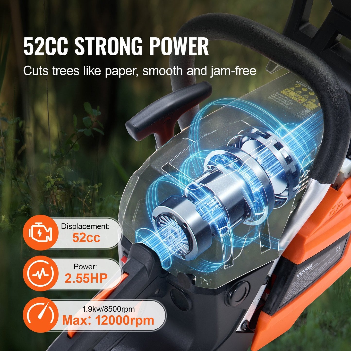 52CC Gasoline Chainsaw, 0.46m Blade, 6.8kg, Easy Start, Adjustable Tension