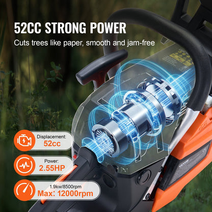 52CC Gasoline Chainsaw, 0.46m Blade, 6.8kg, Easy Start, Adjustable Tension