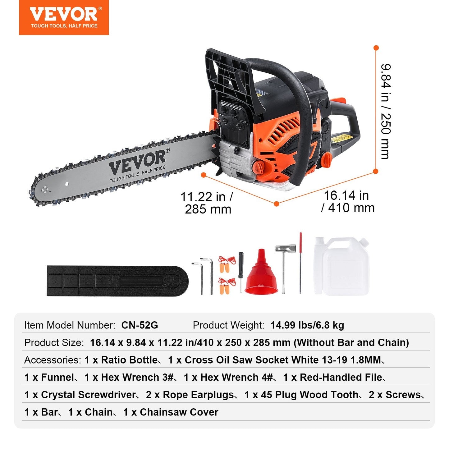 52CC Gasoline Chainsaw, 0.46m Blade, 6.8kg, Easy Start, Adjustable Tension