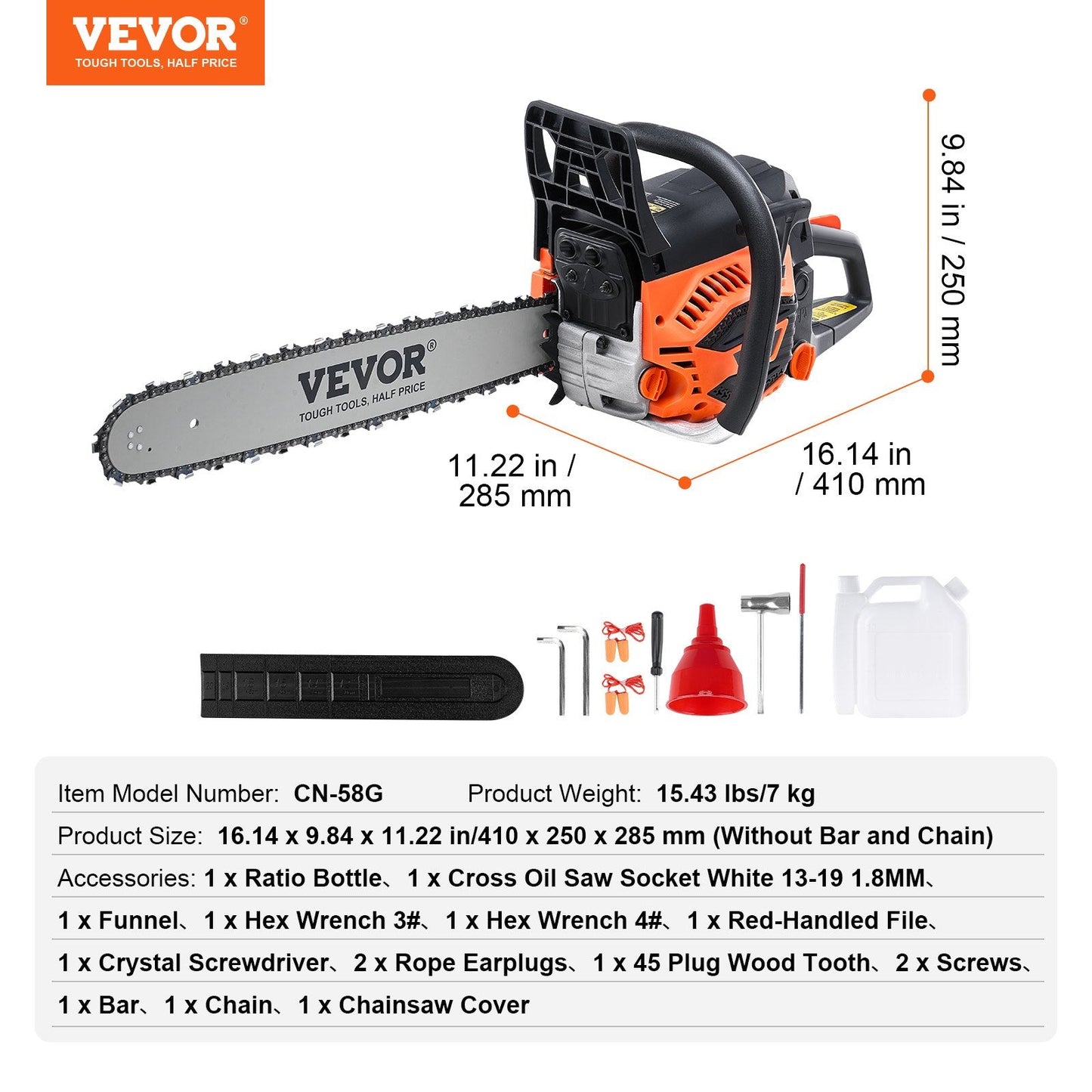 58CC 0.5m Gas-Powered Chainsaw with Adjustable Tension and Safety Features