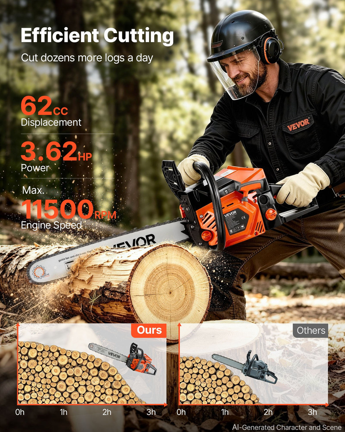 Gas Powered Chainsaw 508 mm 62CC 2.7kW 2 Stroke Engine Gas Chainsaw, for Wood Cutting, Tree Trimming & Land Clearing, Throttle-Synced Choke, Power Chain Saw with Non-Slip Handle & Dual Tanks