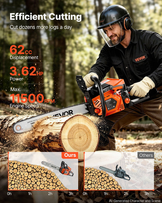 Gas Powered Chainsaw 508 mm 62CC 2.7kW 2 Stroke Engine Gas Chainsaw, for Wood Cutting, Tree Trimming & Land Clearing, Throttle-Synced Choke, Power Chain Saw with Non-Slip Handle & Dual Tanks
