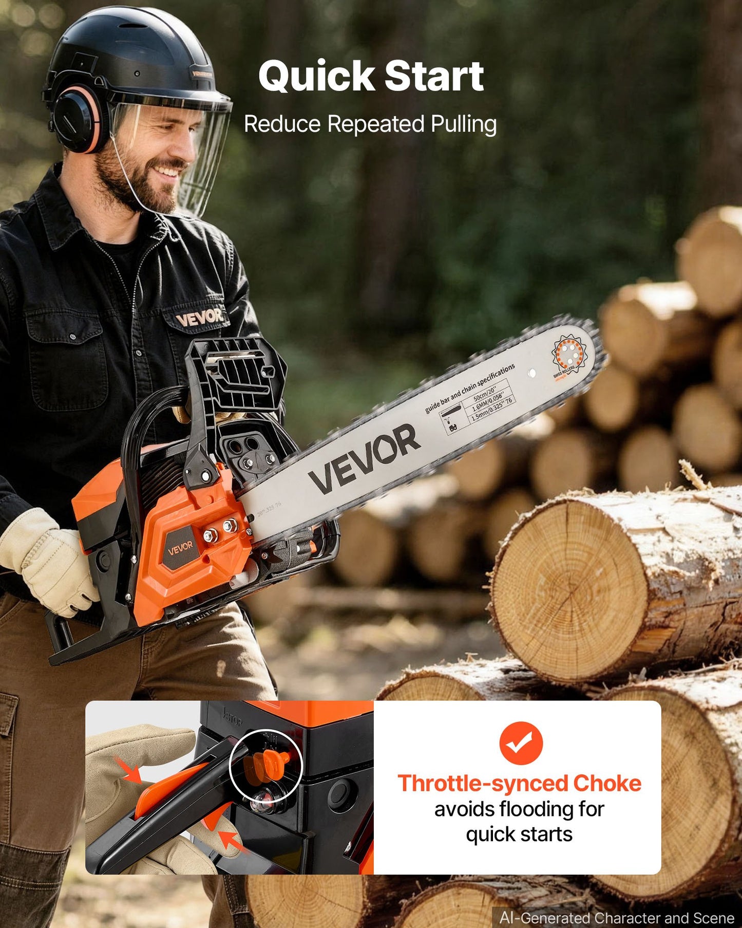 Gas Powered Chainsaw 508 mm 62CC 2.7kW 2 Stroke Engine Gas Chainsaw, for Wood Cutting, Tree Trimming & Land Clearing, Throttle-Synced Choke, Power Chain Saw with Non-Slip Handle & Dual Tanks