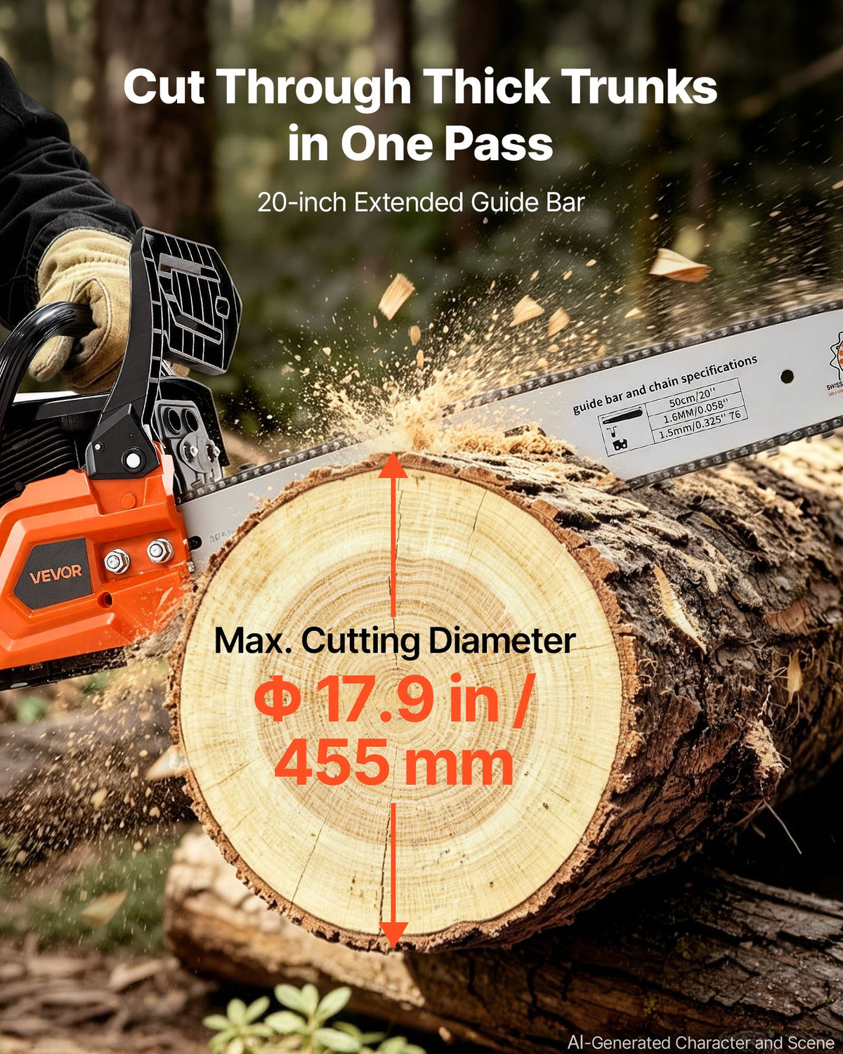 Gas Powered Chainsaw 508 mm 62CC 2.7kW 2 Stroke Engine Gas Chainsaw, for Wood Cutting, Tree Trimming & Land Clearing, Throttle-Synced Choke, Power Chain Saw with Non-Slip Handle & Dual Tanks
