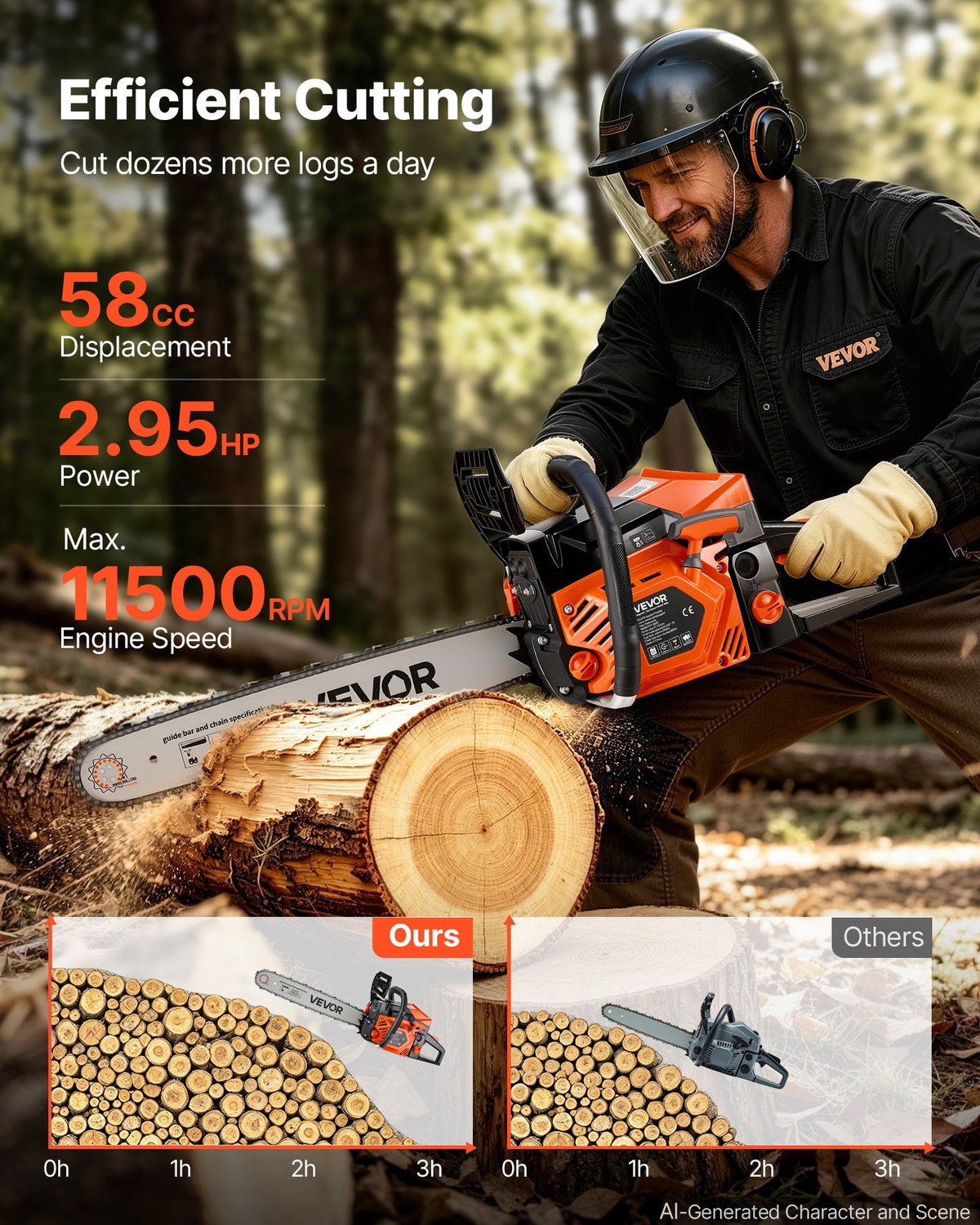 Gas Powered Chainsaw 508 mm 58CC 2.2kW 2 Stroke Engine Gas Chainsaw, for Wood Cutting, Tree Trimming & Land Clearing, Throttle-Synced Choke, Power Chain Saw with Non-Slip Handle & Dual Tanks