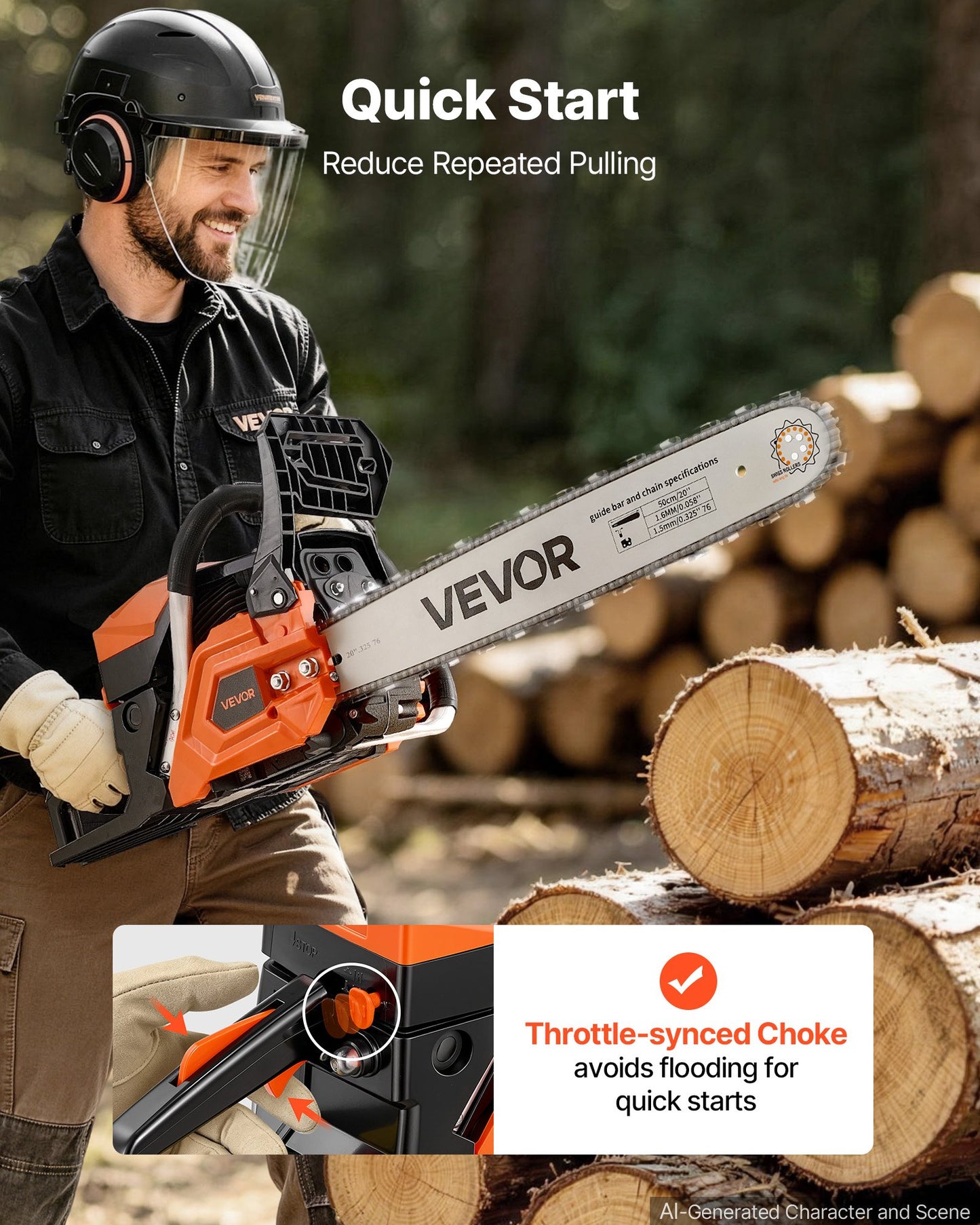 Gas Powered Chainsaw 508 mm 58CC 2.2kW 2 Stroke Engine Gas Chainsaw, for Wood Cutting, Tree Trimming & Land Clearing, Throttle-Synced Choke, Power Chain Saw with Non-Slip Handle & Dual Tanks