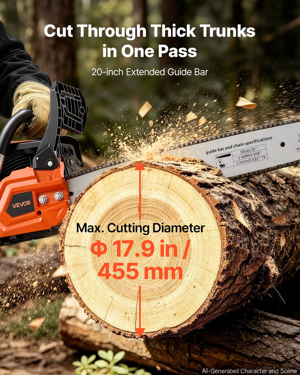 Gas Powered Chainsaw 508 mm 58CC 2.2kW 2 Stroke Engine Gas Chainsaw, for Wood Cutting, Tree Trimming & Land Clearing, Throttle-Synced Choke, Power Chain Saw with Non-Slip Handle & Dual Tanks