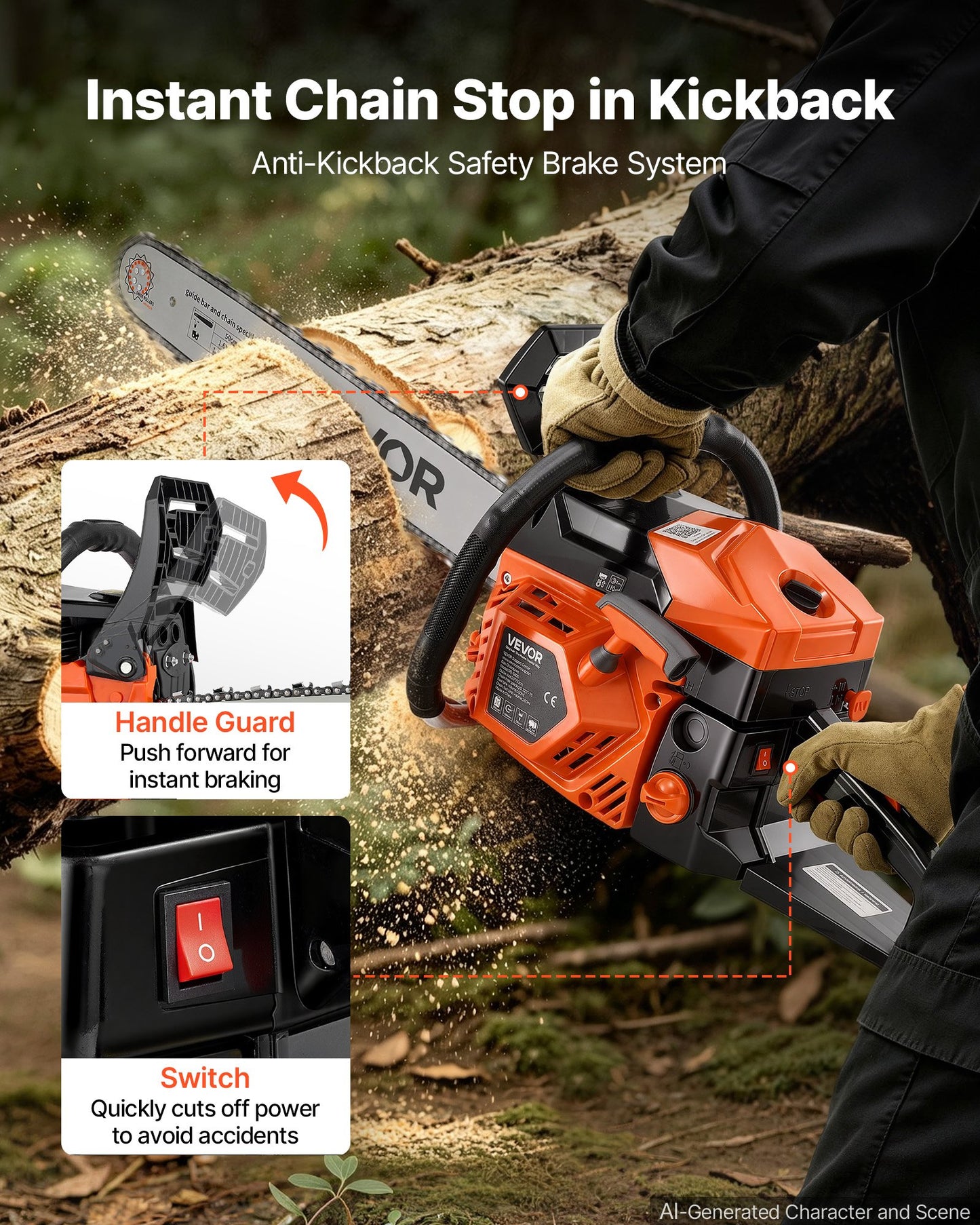 Gas Powered Chainsaw 508 mm 58CC 2.2kW 2 Stroke Engine Gas Chainsaw, for Wood Cutting, Tree Trimming & Land Clearing, Throttle-Synced Choke, Power Chain Saw with Non-Slip Handle & Dual Tanks