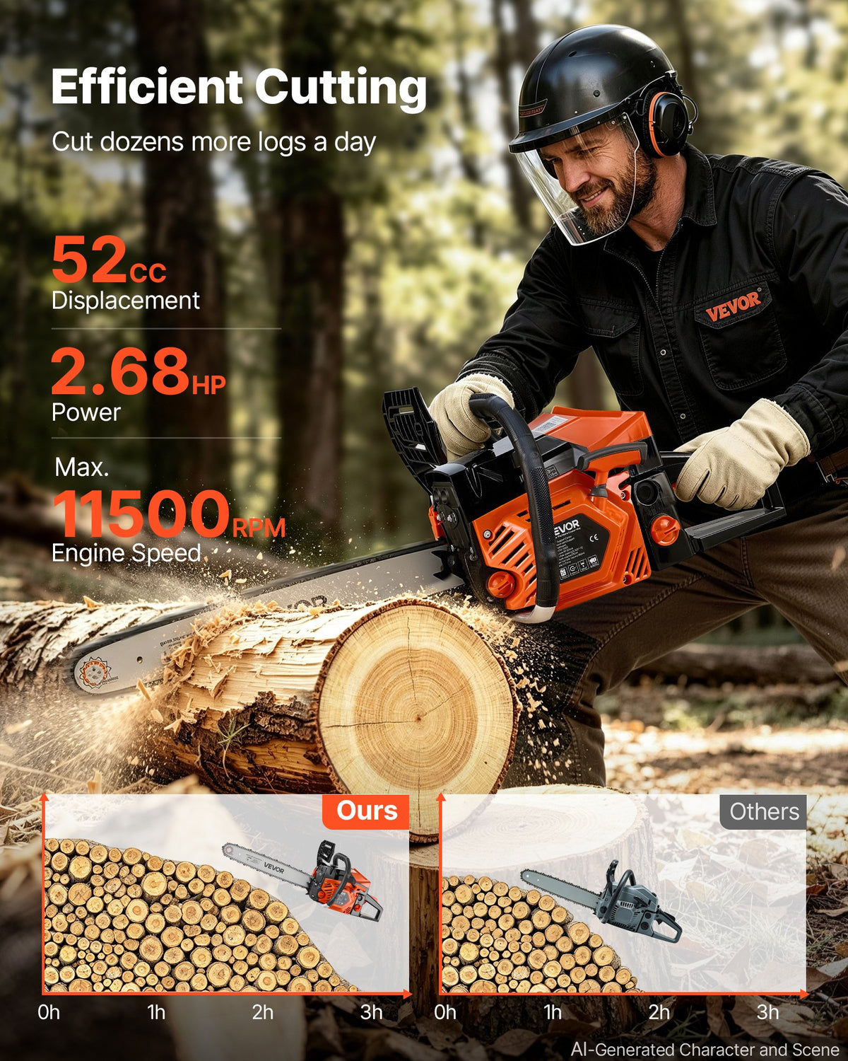 Gas Powered Chainsaw 457.2 mm 52CC 2kW 2 Stroke Engine Gas Chainsaw, for Wood Cutting, Tree Trimming & Land Clearing, Throttle-Synced Choke, Power Chain Saw with Non-Slip Handle & Dual Tanks
