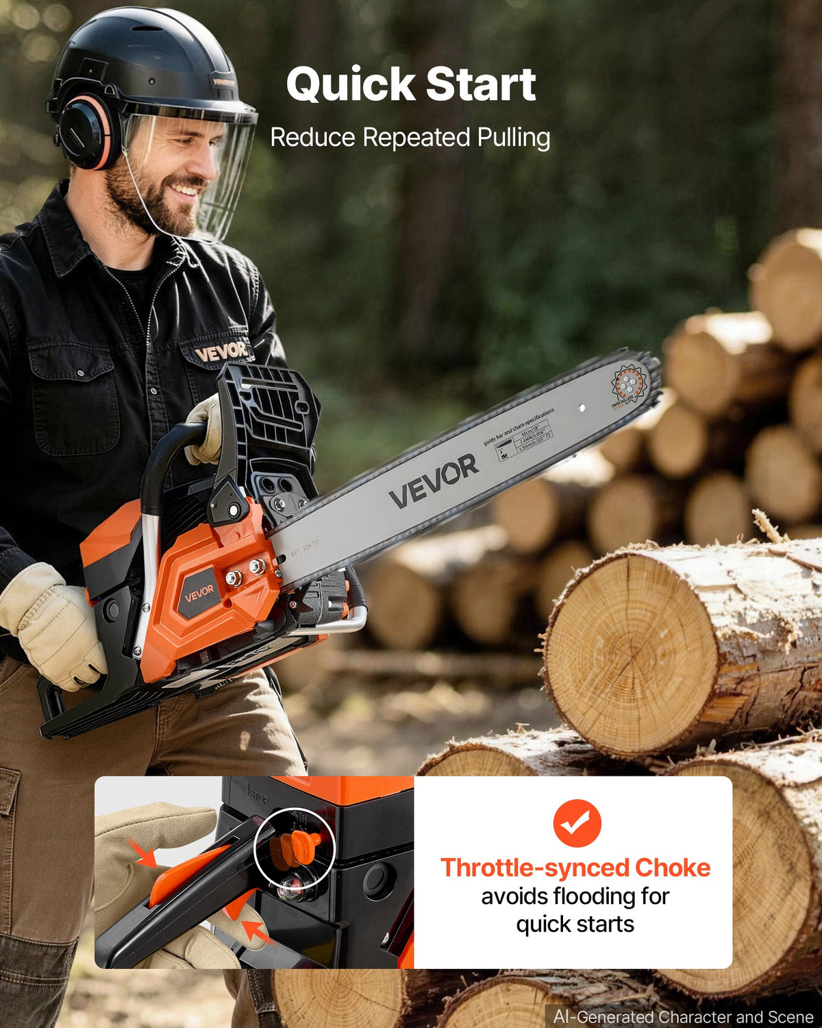 Gas Powered Chainsaw 457.2 mm 52CC 2kW 2 Stroke Engine Gas Chainsaw, for Wood Cutting, Tree Trimming & Land Clearing, Throttle-Synced Choke, Power Chain Saw with Non-Slip Handle & Dual Tanks