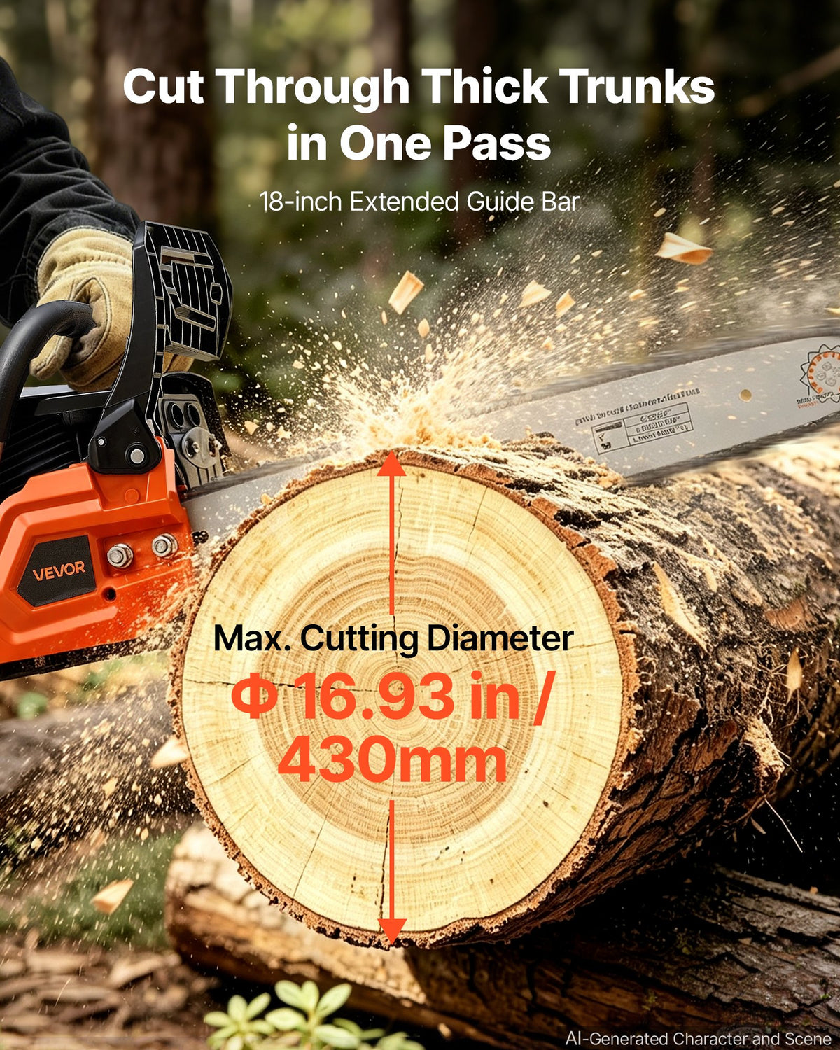 Gas Powered Chainsaw 457.2 mm 52CC 2kW 2 Stroke Engine Gas Chainsaw, for Wood Cutting, Tree Trimming & Land Clearing, Throttle-Synced Choke, Power Chain Saw with Non-Slip Handle & Dual Tanks