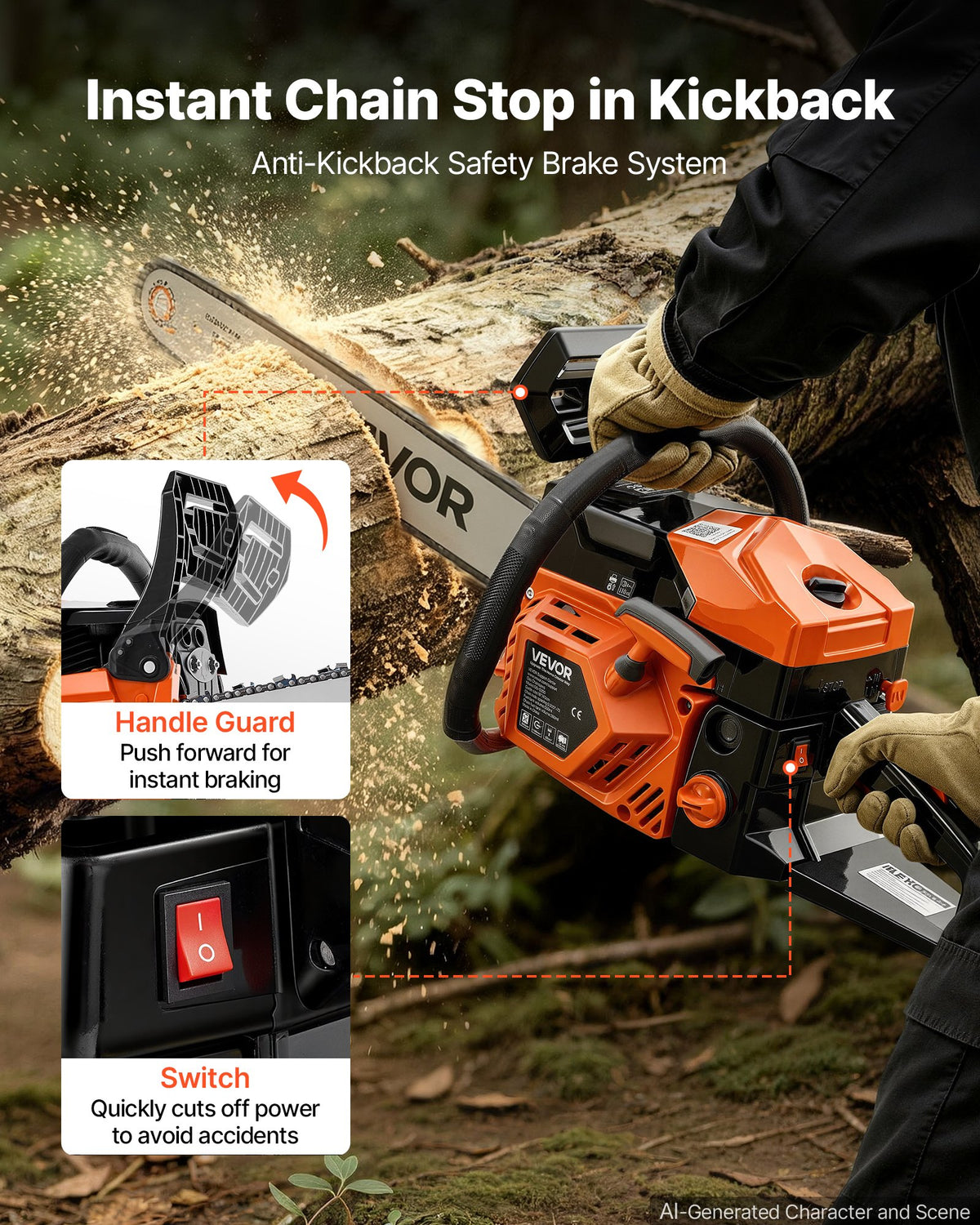 Gas Powered Chainsaw 457.2 mm 52CC 2kW 2 Stroke Engine Gas Chainsaw, for Wood Cutting, Tree Trimming & Land Clearing, Throttle-Synced Choke, Power Chain Saw with Non-Slip Handle & Dual Tanks