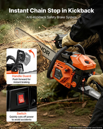 Gas Powered Chainsaw 457.2 mm 52CC 2kW 2 Stroke Engine Gas Chainsaw, for Wood Cutting, Tree Trimming & Land Clearing, Throttle-Synced Choke, Power Chain Saw with Non-Slip Handle & Dual Tanks