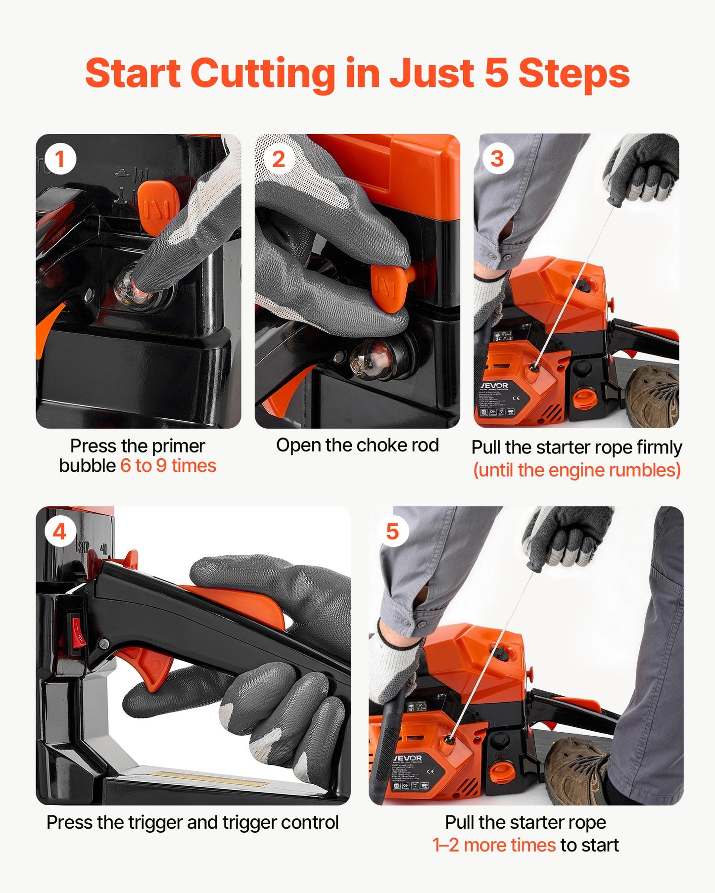 Gas Powered Chainsaw 457.2 mm 52CC 2kW 2 Stroke Engine Gas Chainsaw, for Wood Cutting, Tree Trimming & Land Clearing, Throttle-Synced Choke, Power Chain Saw with Non-Slip Handle & Dual Tanks